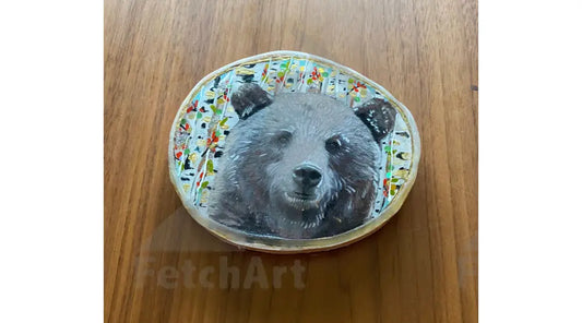 Round Birch Wood Coaster of a Bear with Birch Trees in Background. 