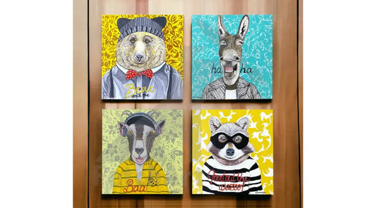 Original Acrylic Animal Portraits on Canvas: Bear, Donkey, Raccoon, Goat Dressed as Humans - Whimsical Home Decor - Fetch Art