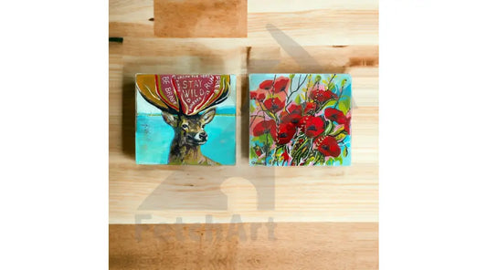 Original Acrylic Painting: Textured Nature Deer Poppy Flower - Modern Art - Hand Painted Wall Art - Fetch Art