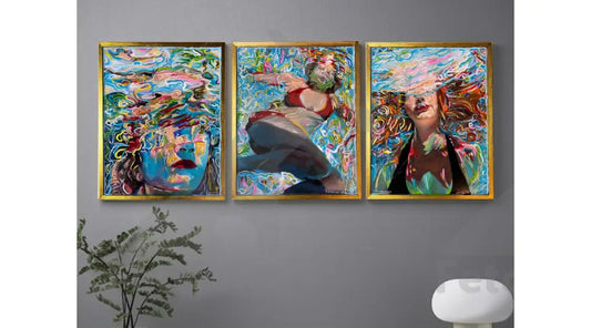 3 Acrylic Paintings of Women in Water. 